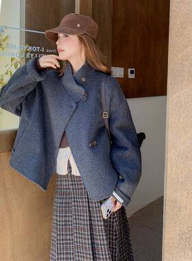 韩系灰色短款双面羊大绒衣女新款感D014-100高冬级小个子气质毛呢