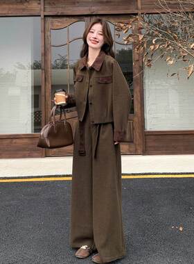 拉美D109-816德老钱风毛呢装女冬新款撞色翻腿领工装外套阔裤两件