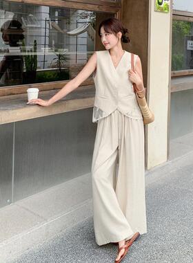 米色法设式计感套装女马夏D052-C27季新款蕾丝拼领甲阔腿裤两件接