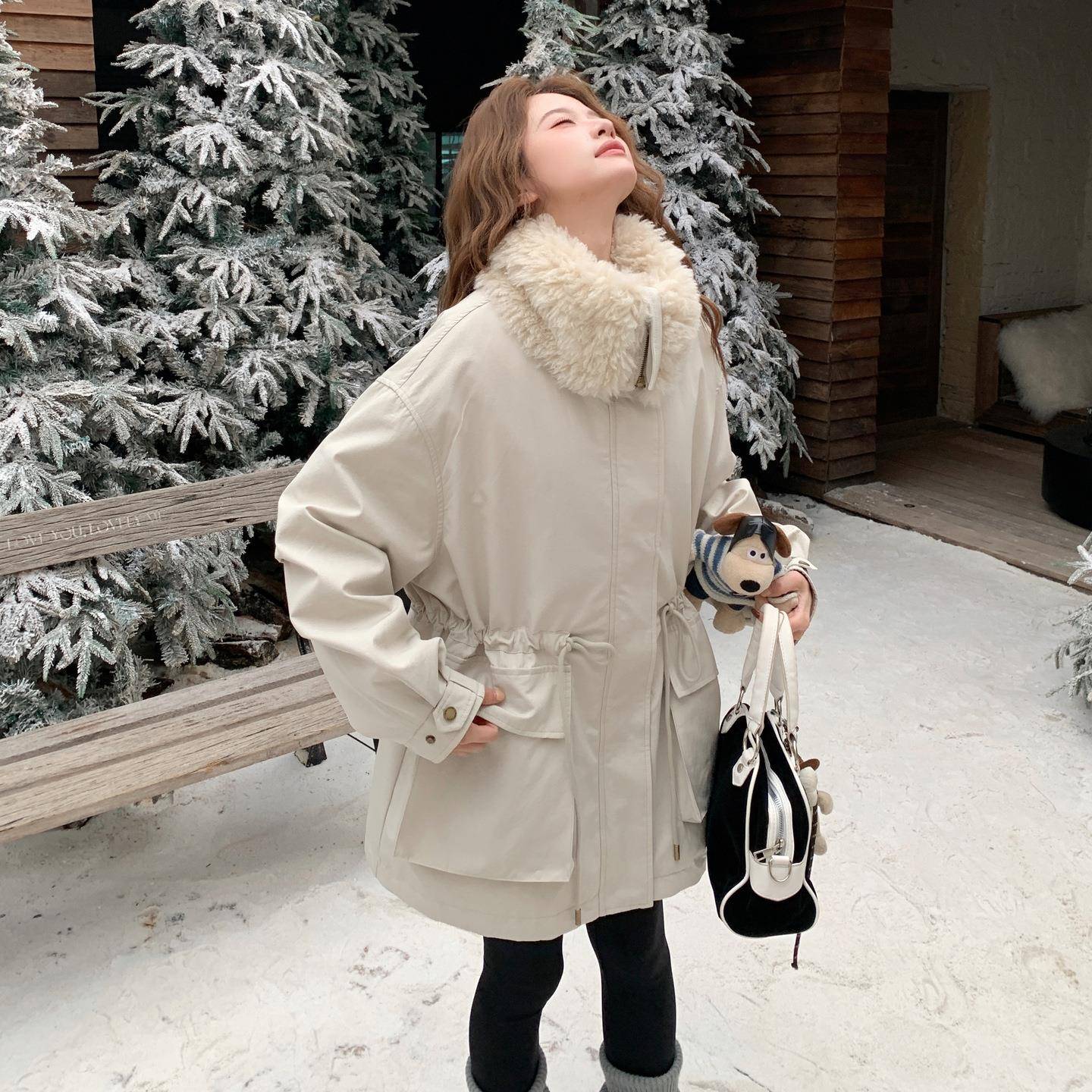 米白派克c0-882服女冬季新色款复领百搭白鸭绒内胆大毛收腰古外套