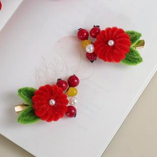 古风头饰绒花南瓜发夹可爱秋冬百搭汉服发饰边夹红色配饰氛围感