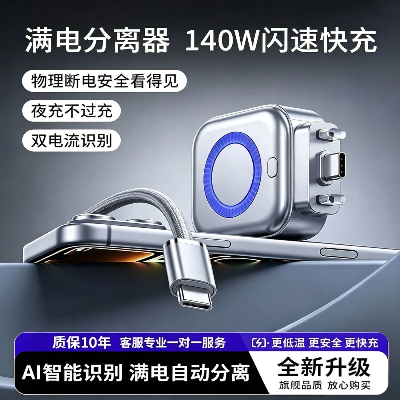自动弹出断电充电器手机满电分离器140W快充Type-C自动断电防过充