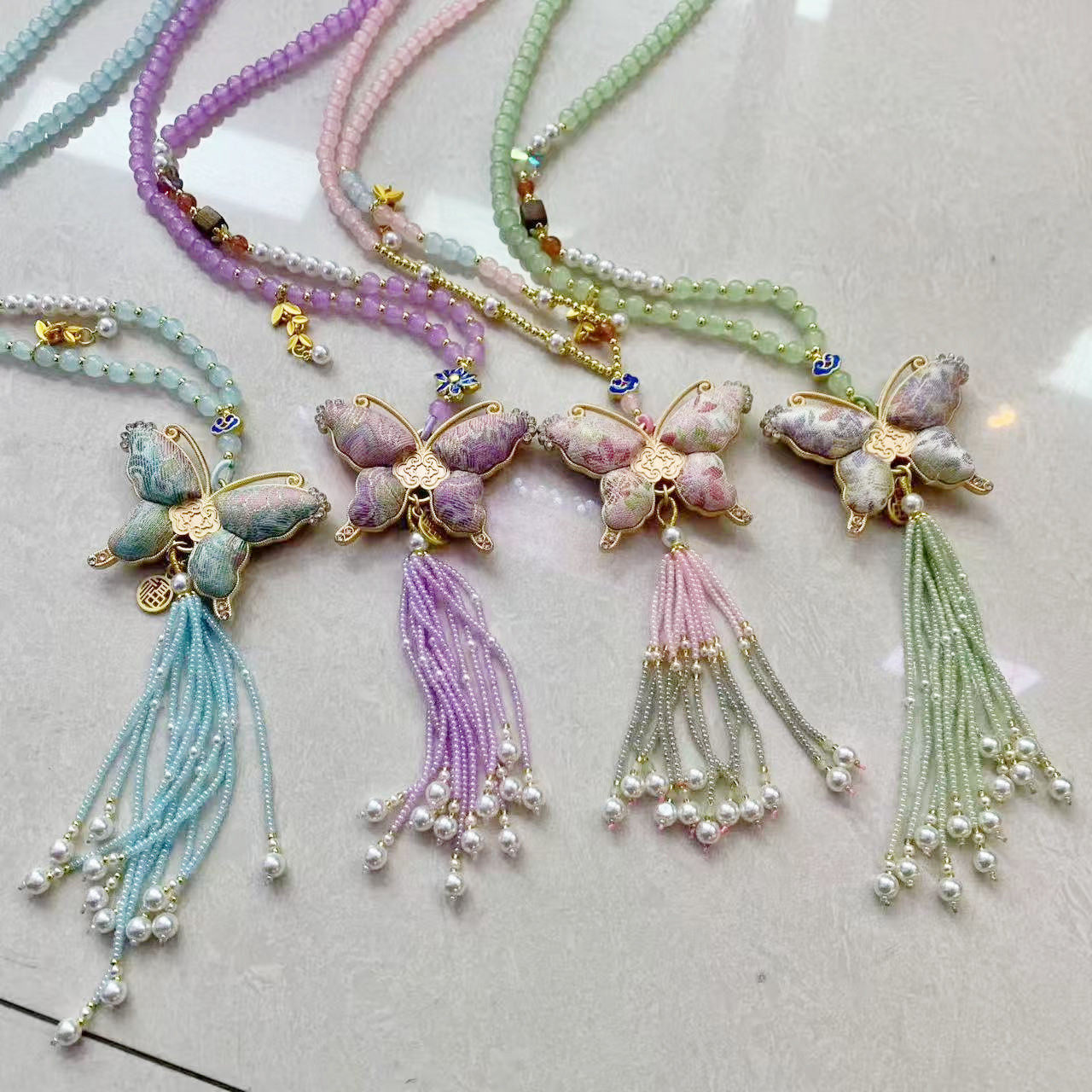 宋锦双面蝴蝶吊坠流苏穗子毛衣链珠珠长款项链中式汉服旗袍配饰