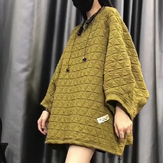 欧货2024冬季新款长袖圆领套头菱形格子个性贴布中长款宽松卫衣女