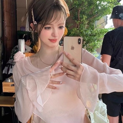 「Acaine柔雾玫瑰/纯色喇叭袖长袖雪纺衫女春季法式气质小众上衣