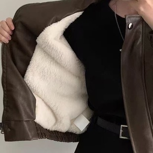 韩国chic秋冬高级感气质拉链翻领长袖 皮衣外套女 宽松百搭加绒短款