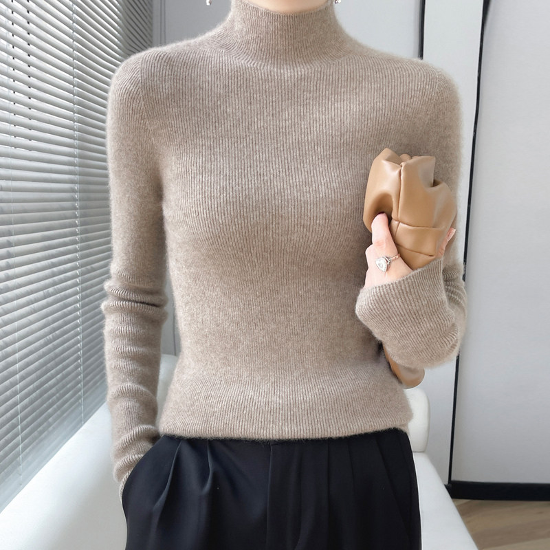 半高领100%纯羊绒衫女长袖一线成衣抽条针织羊毛衫修身打底
