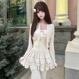 BBING甜饼 奶酪芝士 秋冬圆领针织短开衫蝴蝶结爱心口袋软糯外套