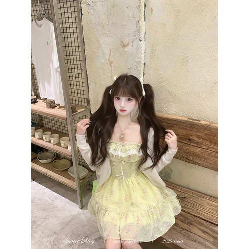纯欲少女感蝴蝶结碎花吊带连衣裙