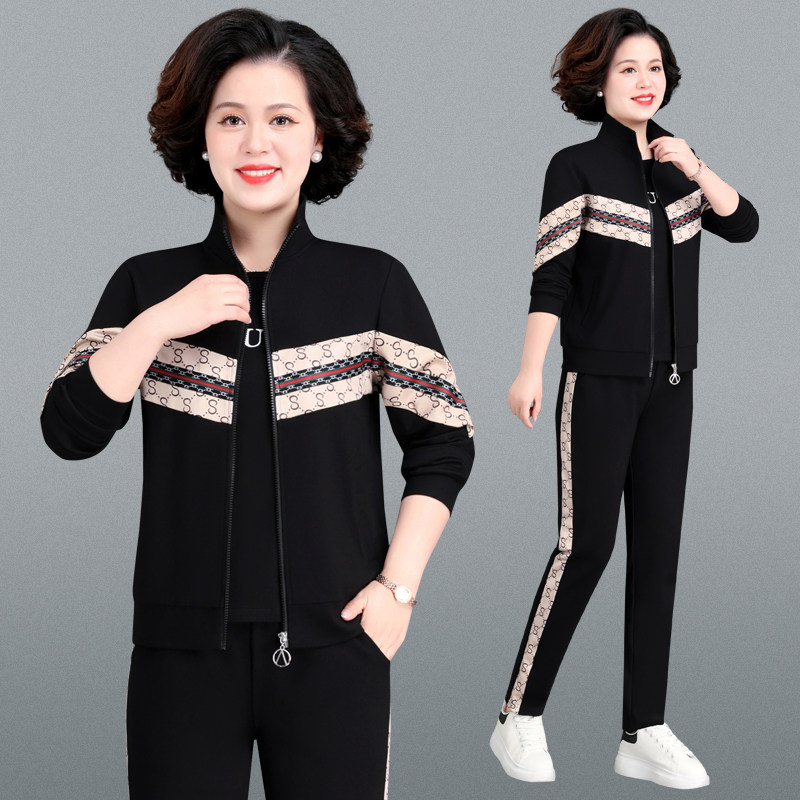 中年妈妈秋装外套上衣洋气大码中老年运动服套装女春秋休闲三件套