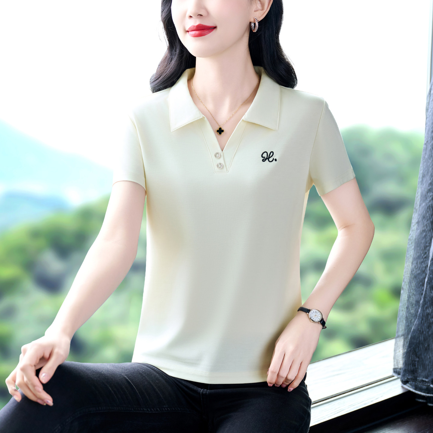 夏天短袖t恤女2026新款爆款宽松大码冰丝上衣女装中年女士polo衫