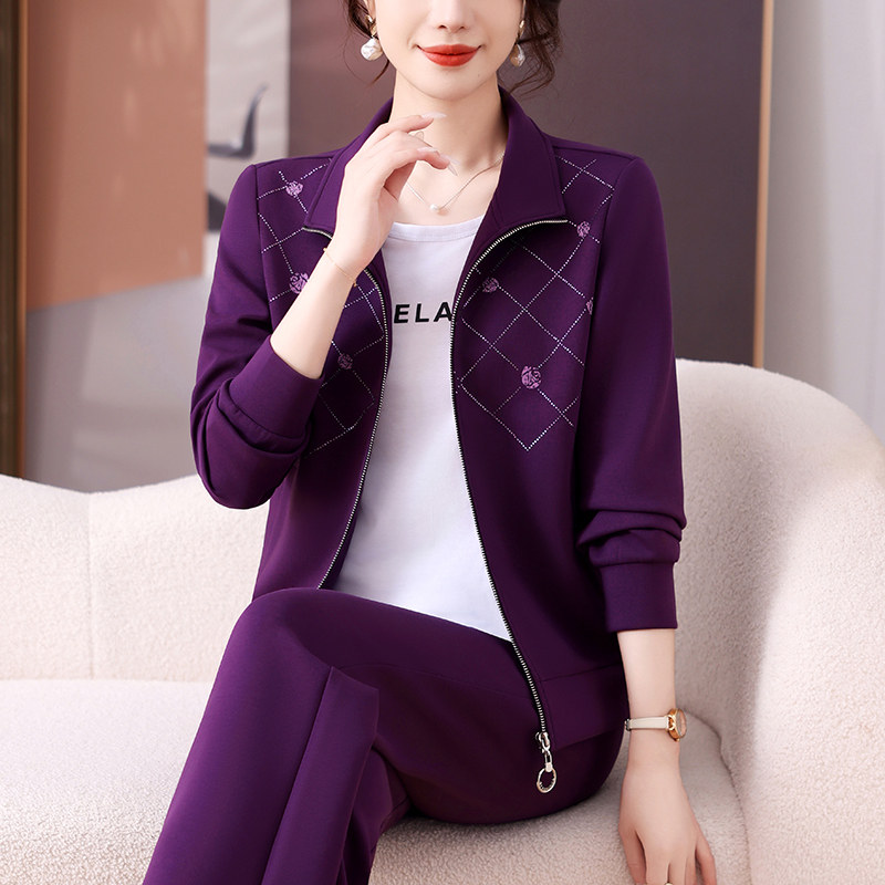 妈妈外套女士春秋减龄中老年跑步运动服套装宽松休闲阔腿裤三件套