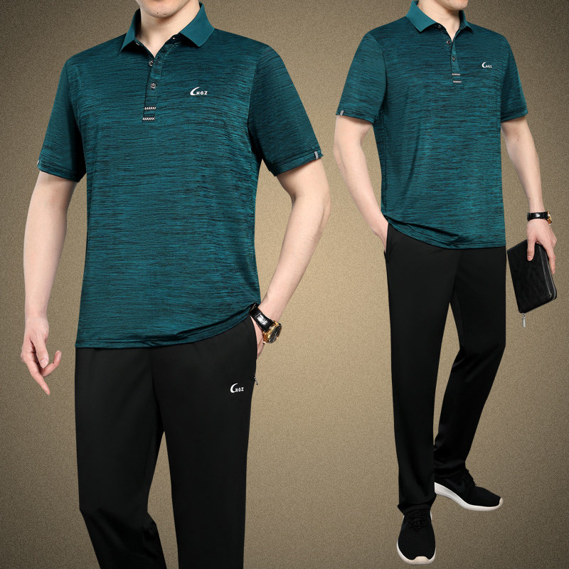 爸爸装夏装中老年人休闲运动服套装男士夏季短袖t恤冰丝速干衣服T