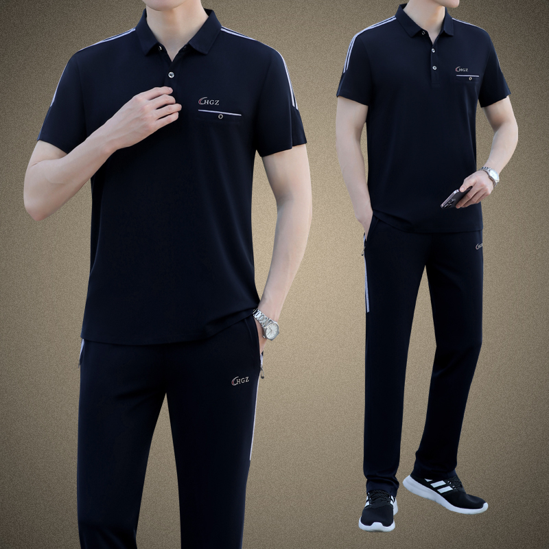 中老年爸爸装休闲运动服套装男夏季父亲翻领polo衫短袖长裤薄t恤
