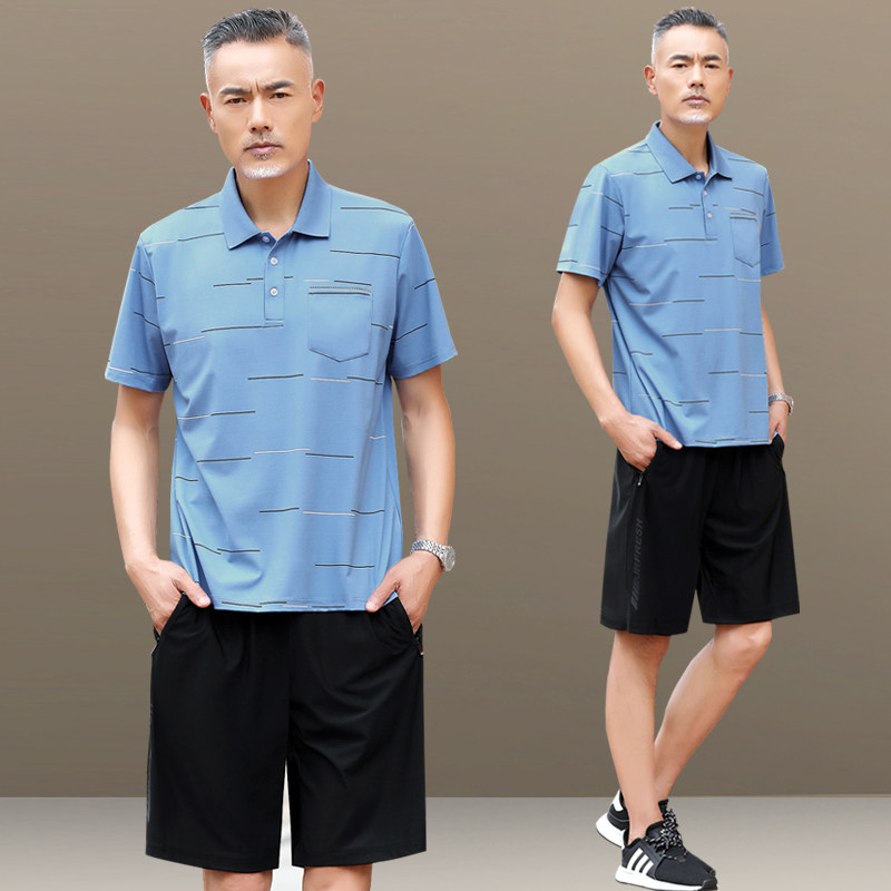 爸爸夏装冰丝运动套装男2026新款中老年短袖t恤父亲夏天速干衣服