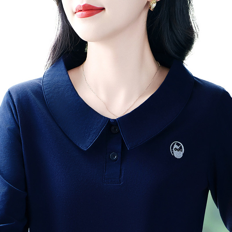 纯棉长袖t恤女春秋气质减龄妈妈遮肚宽松娃娃领韩版休闲上衣百搭