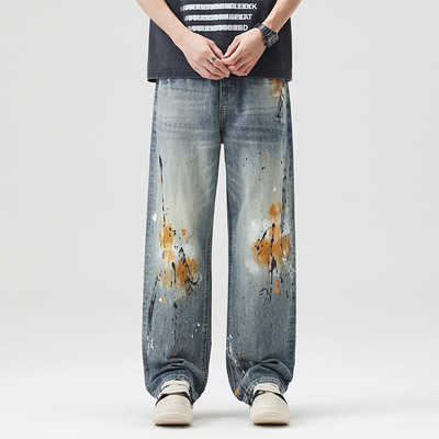2025春秋季美式高街泼墨涂鸦牛仔裤男款时尚裤子高街潮牌直筒长裤