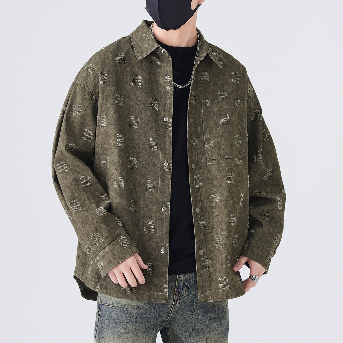 日系复古水洗提花重磅牛仔衬衫男2025春新款潮牌港风设计衬衣外套