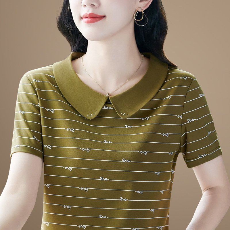 女士短袖t恤夏季2025新款中年妈妈洋气夏装休闲冰丝娃娃领上衣服