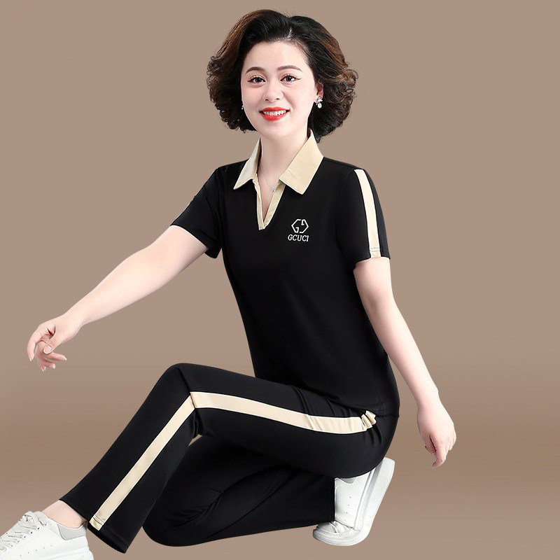 中年妈妈夏装运动服套装洋气春秋新款上衣中老年女装夏季短袖t恤