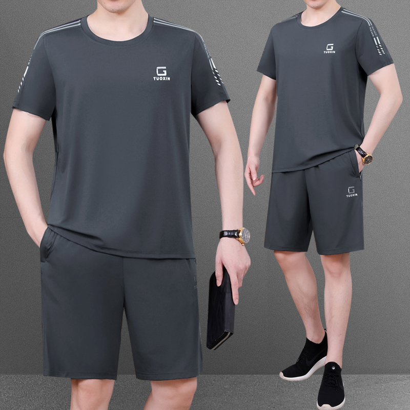中年男士短袖t恤夏季新款冰丝运动套装男宽松爸爸夏装短裤休闲服t