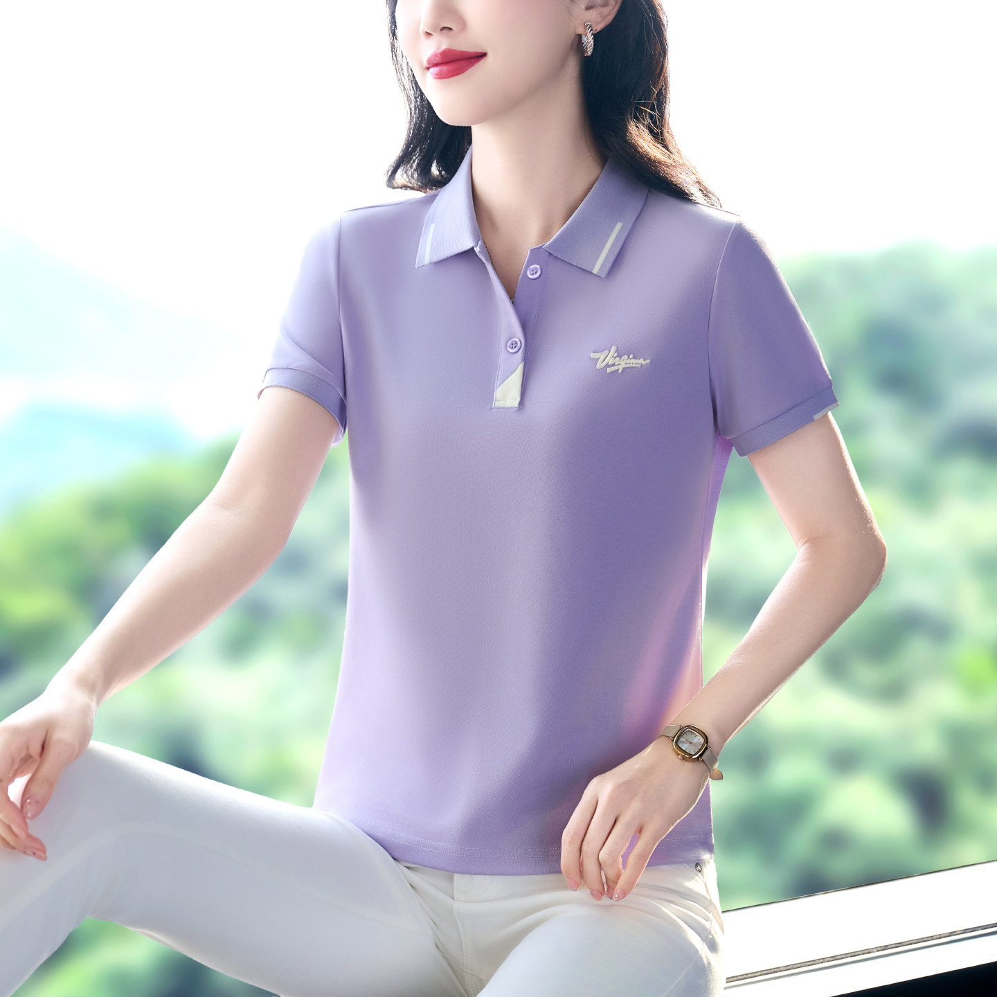 冰丝短袖t恤女夏新款时尚气质中年妈妈polo衫翻领上衣团体定制