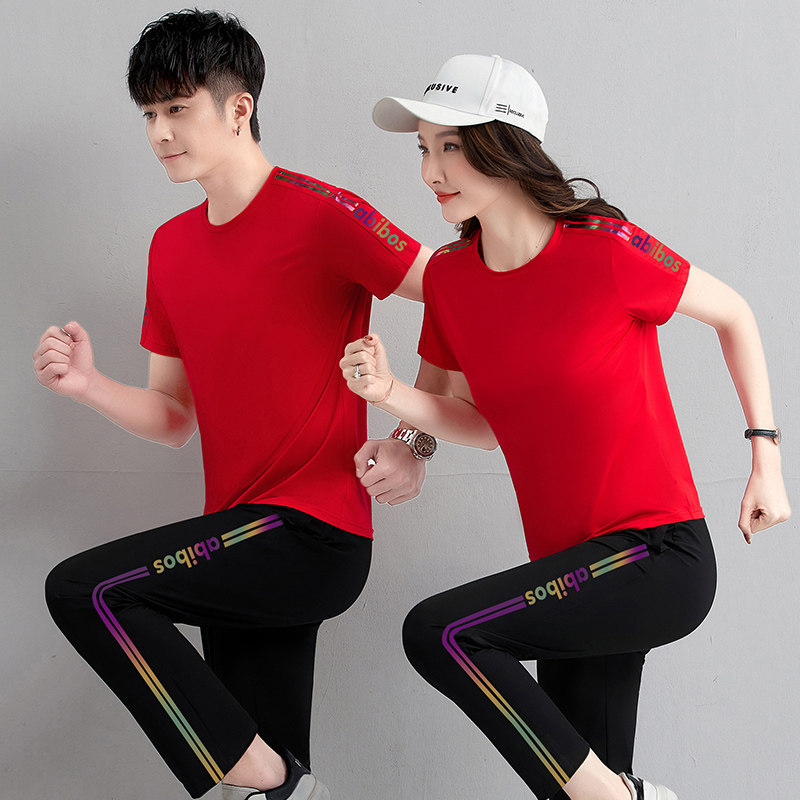 夏季休闲透气薄款情侣运动套装男女团体短袖短裤跑步运动服两件套
