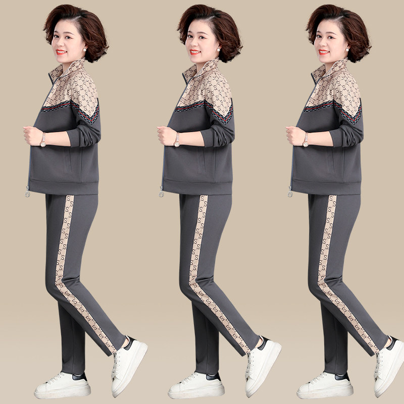 宝曼鲨妈妈春装洋气运动服套装中年宽松外套中老年女休闲三件套
