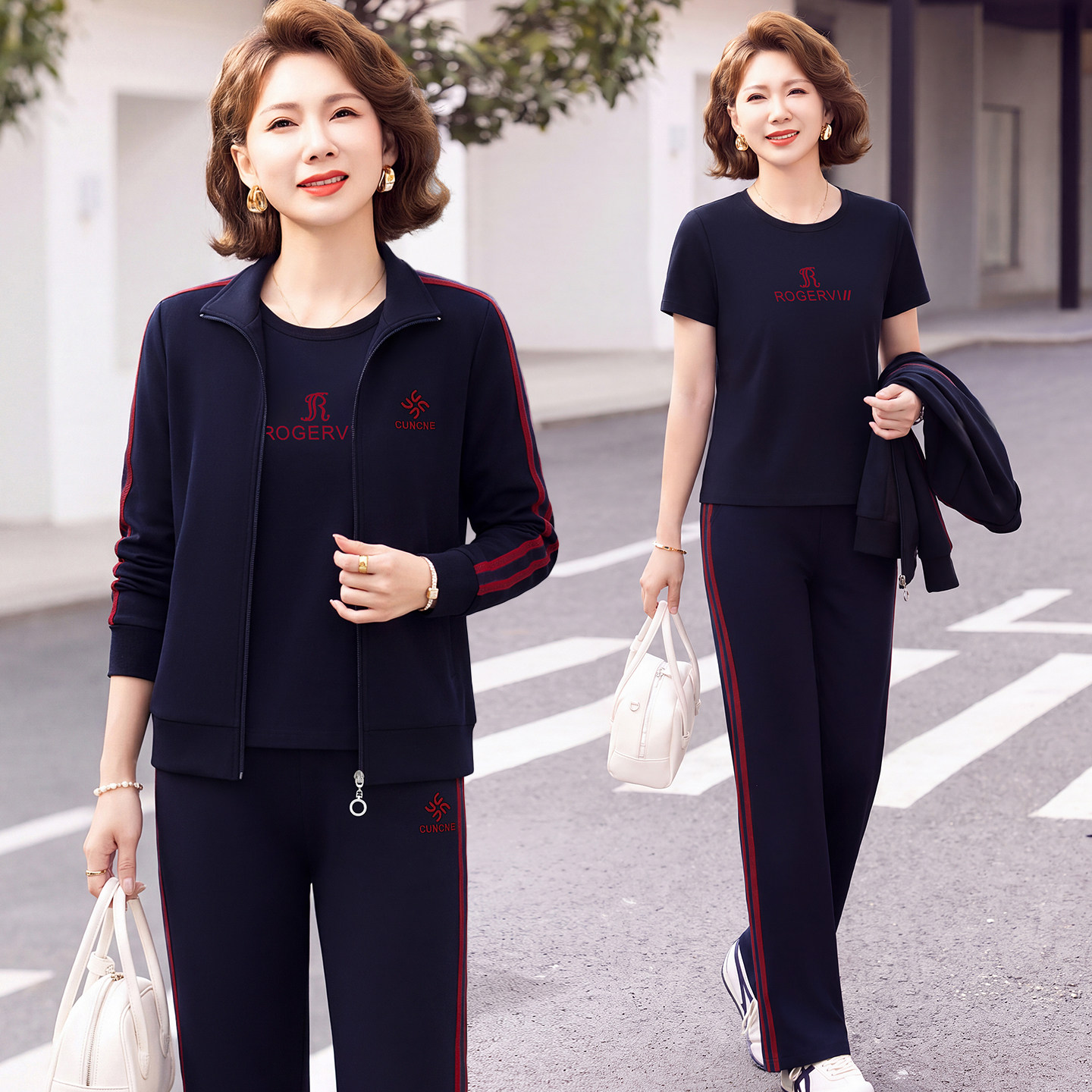 运动服套装女春秋季2026新款洋气妈妈宽松显瘦立领休闲跑步三件套