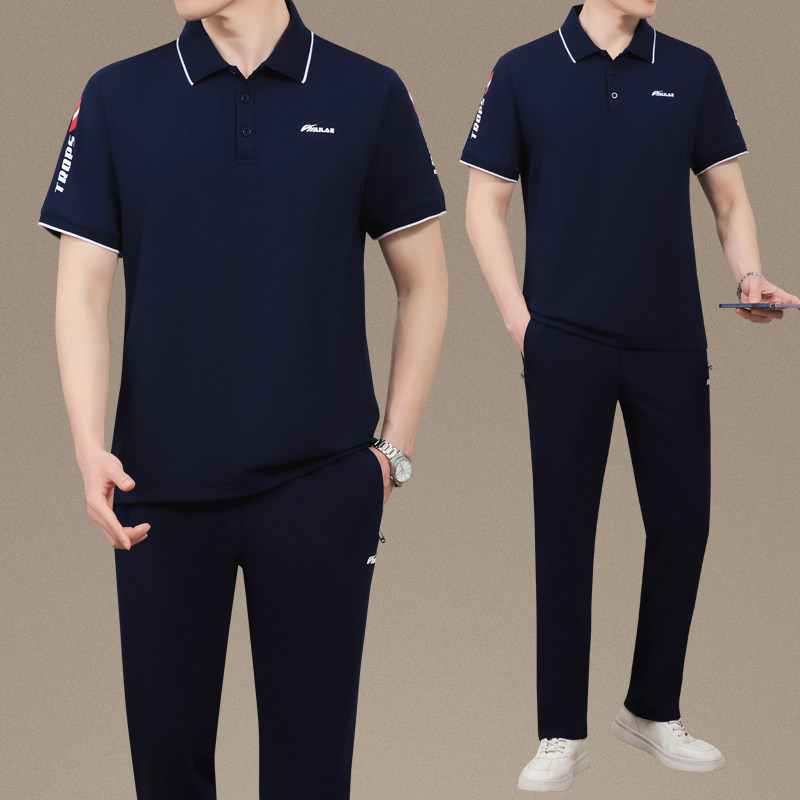 夏季运动套装男士短袖T恤长裤两件套2024新款爸爸装中年休闲服