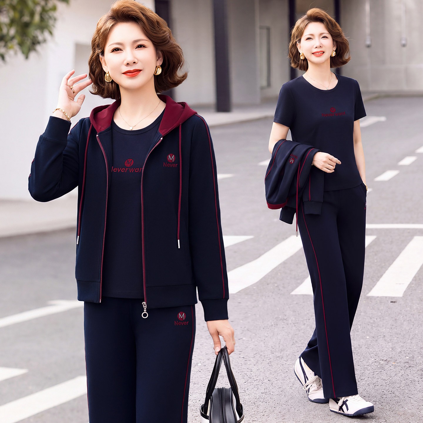 新款中老年休闲运动套装时尚中年三件套运动服休闲洋气时尚妈妈装