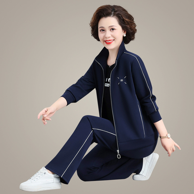 品牌中老年妈妈秋装洋气运动服休闲外套女春秋中年人卫衣三件套装