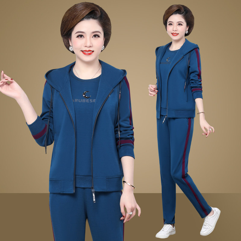 妈妈运动套装秋装女洋气大码长袖卫衣中老年妇女春秋外套运动服装
