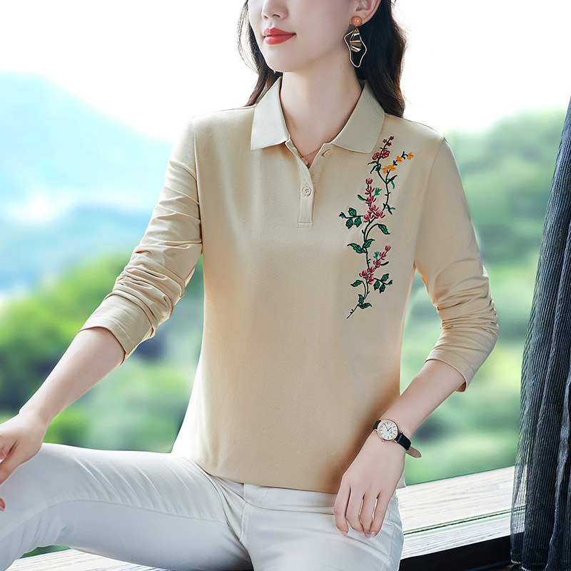 纯棉长袖t恤女春秋2025新款气质减龄妈妈polo衫刺绣百搭翻领上衣