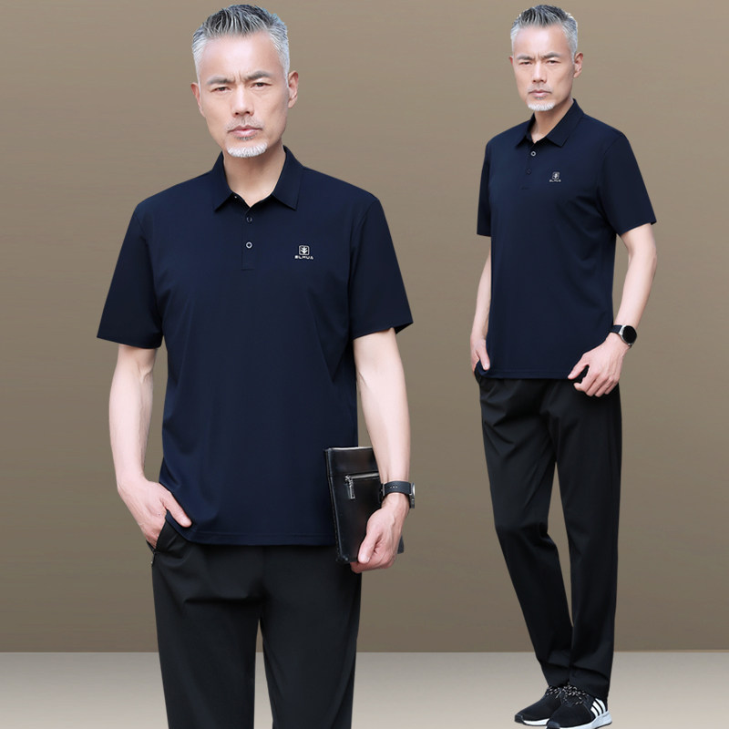 爸爸夏装冰丝套装中年男士短袖t恤中老年男装休闲运动衣服男夏季