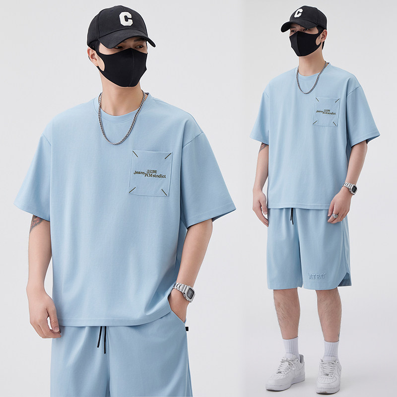 短袖t恤男夏季薄款速干跑步套装宽松运动篮球服大码休闲短裤