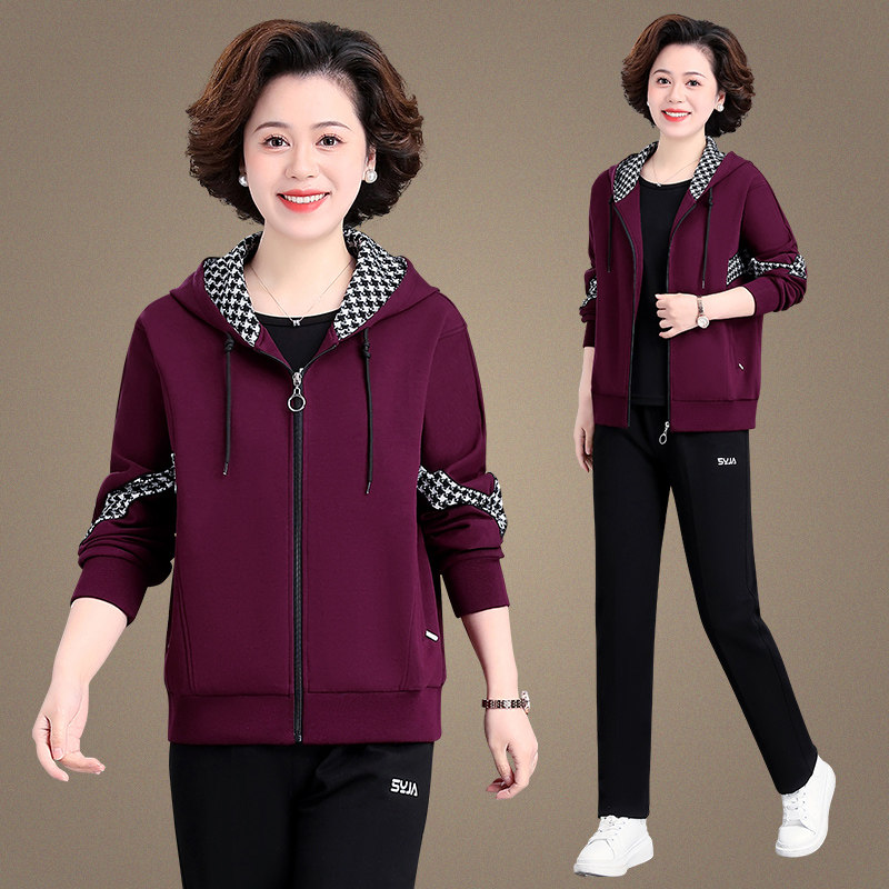 中年妈妈秋装千鸟格外套上衣中老年休闲运动服套装女春秋洋气大码