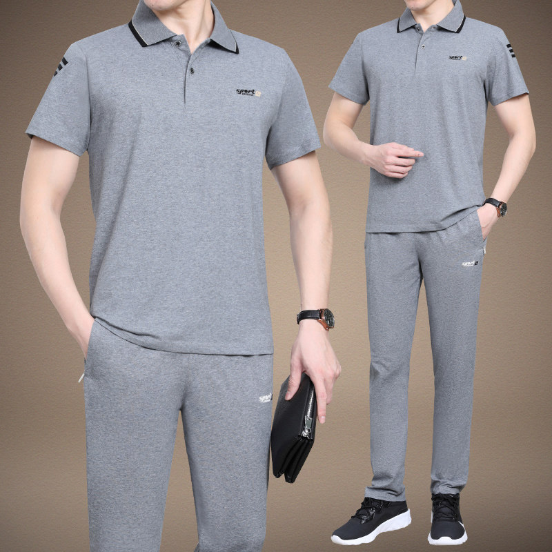 夏天季中老年男士爸爸装短袖长裤加大码商务休闲运动服套装中年男