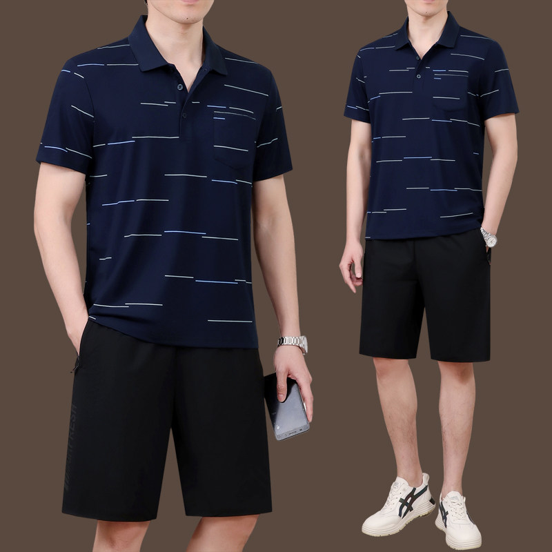 爸爸夏装中年男士短袖t恤冰丝2025新款中老年男装条纹polo衫夏季