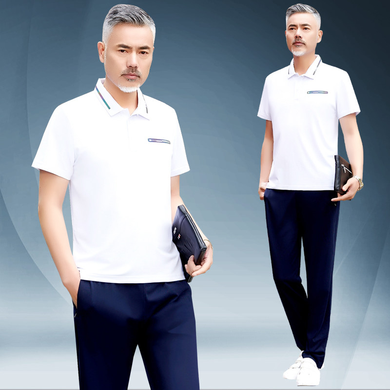 夏季跑步服运动套装男短袖长裤爸爸休闲套装翻领中年休闲套装