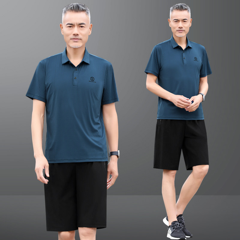 高端冰丝男士休闲套装夏季薄款宽松大码商务中年爸爸运动速干短袖