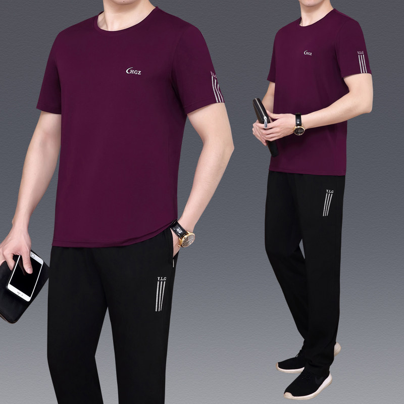 中老年运动套装男夏季薄款短袖圆领休闲装中年运动服男士爸爸夏装