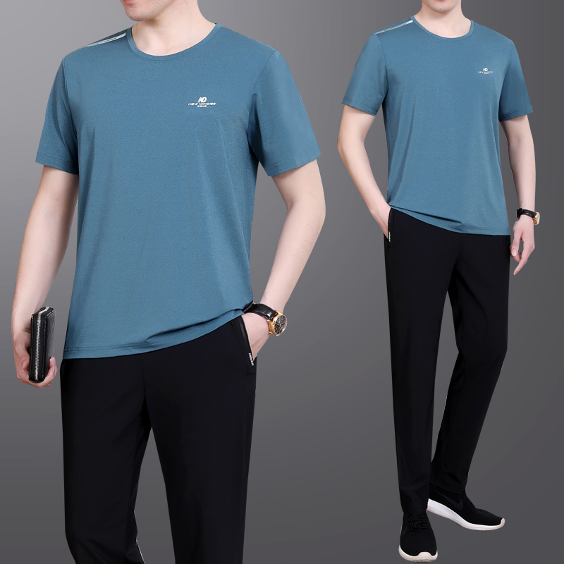 爸爸夏装套装时尚中老年人男装运动休闲父亲夏季冰丝男士短袖t恤