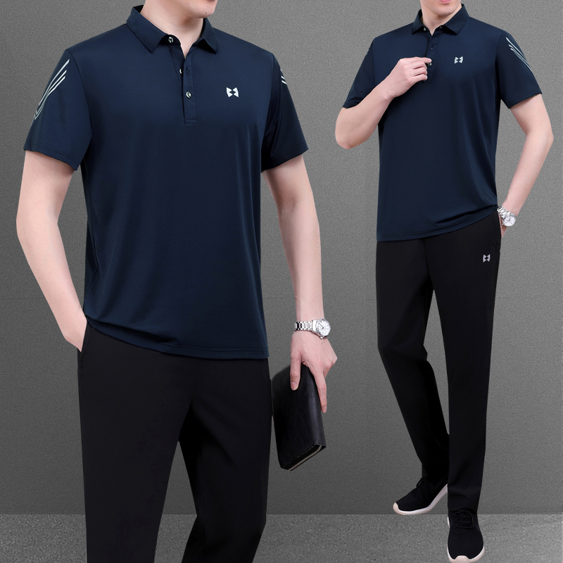 爸爸装套装夏季冰丝短袖t恤中老年男装父亲节衣服中年男士polo衫