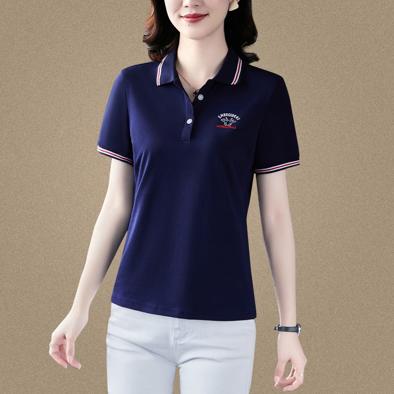 2025年新款韩版短袖t恤女夏宽松百搭妈妈装绣花POLO衫上衣女