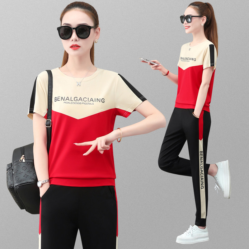 跑步休闲运动套装女夏季薄款2025新款短袖长裤大码妈妈两件套