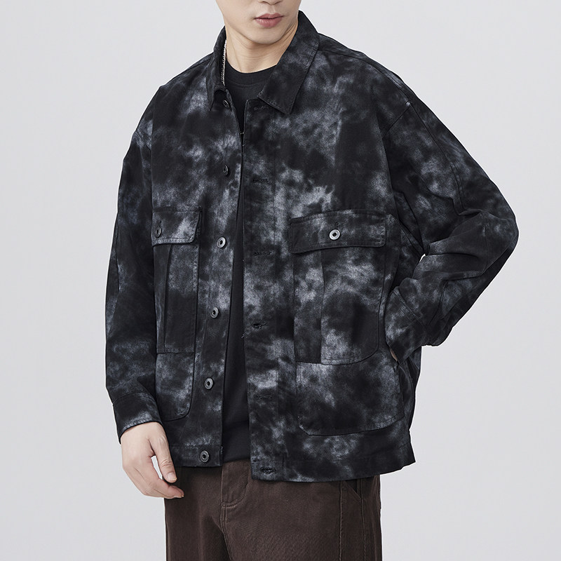 美式复古重磅水洗棉工装外套男春秋宽松潮流扎染高街痞帅休闲夹克