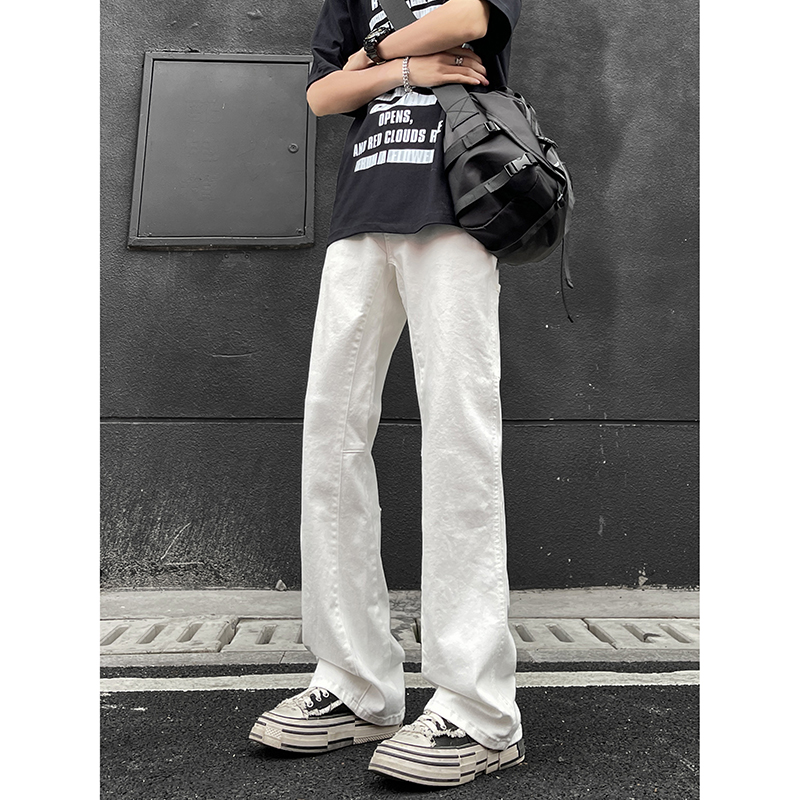 2025美式新款时尚百搭男士宽松复古高街白色牛仔裤男直筒微喇长裤