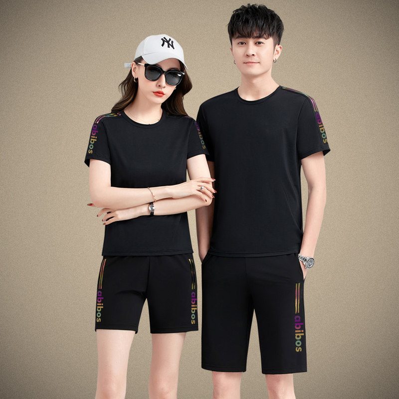 冰丝情侣运动套装夏季男女宽松薄款圆领短袖短裤跑步休闲服两件套