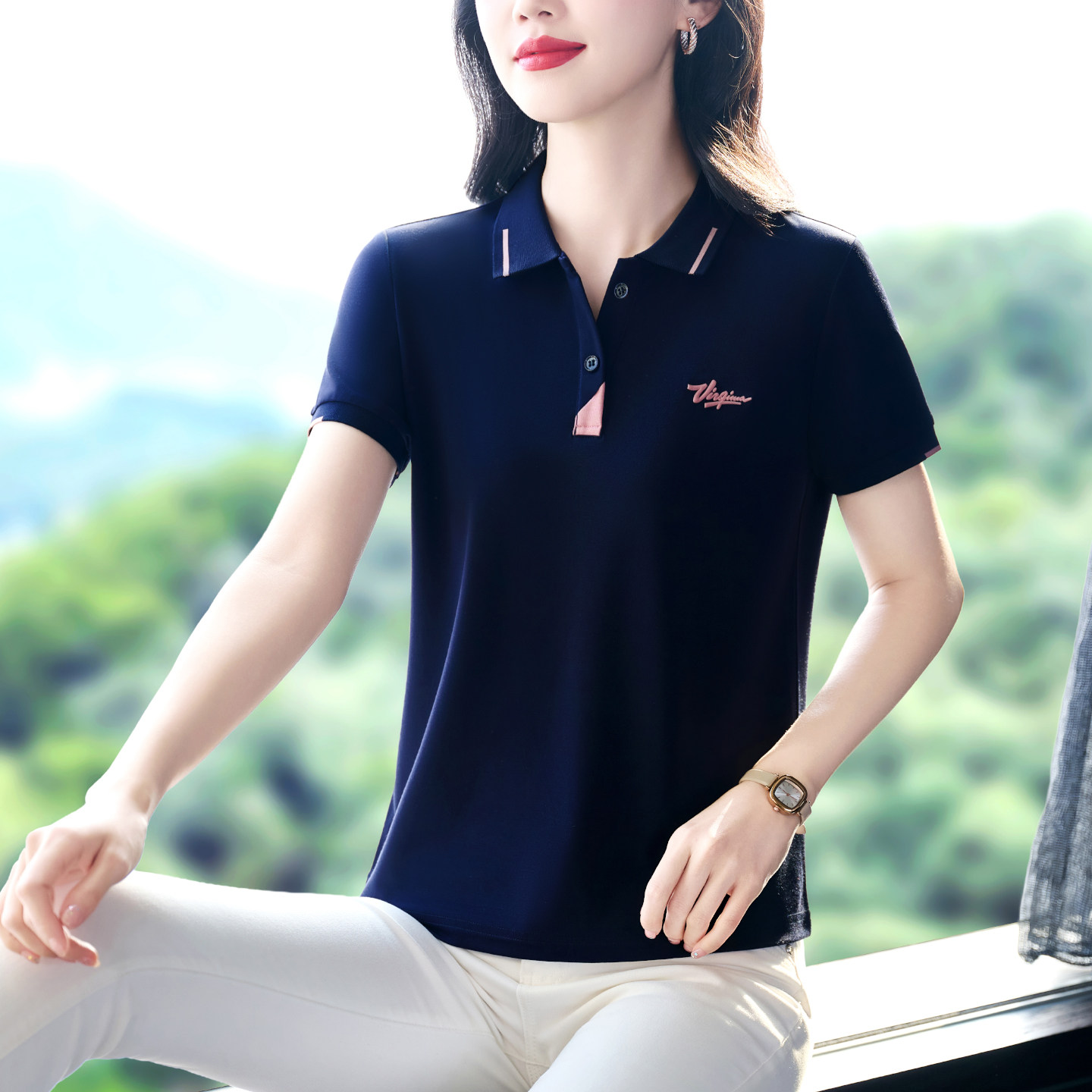 翻领冰丝短袖女t恤2026新款妈妈夏季薄款速干polo衫上衣订做印字